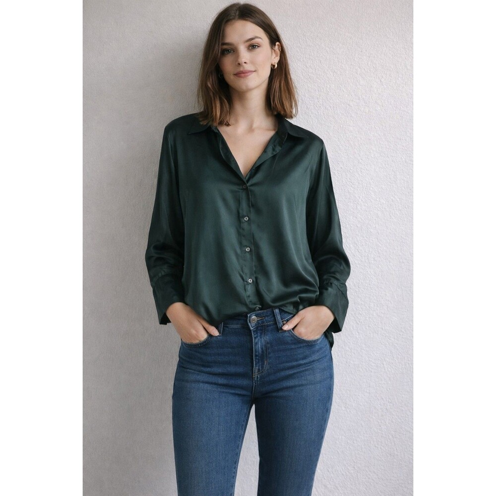 Madewell Dark Green Satin Button-Up Blouse